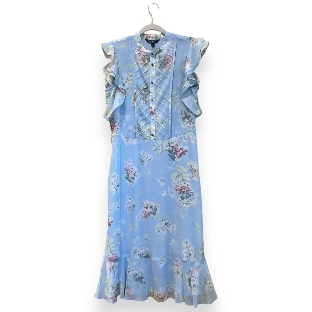RALPH LAUREN Cornflower Blue Dress Size 10 Floral Cottagecore Dainty Feminine
